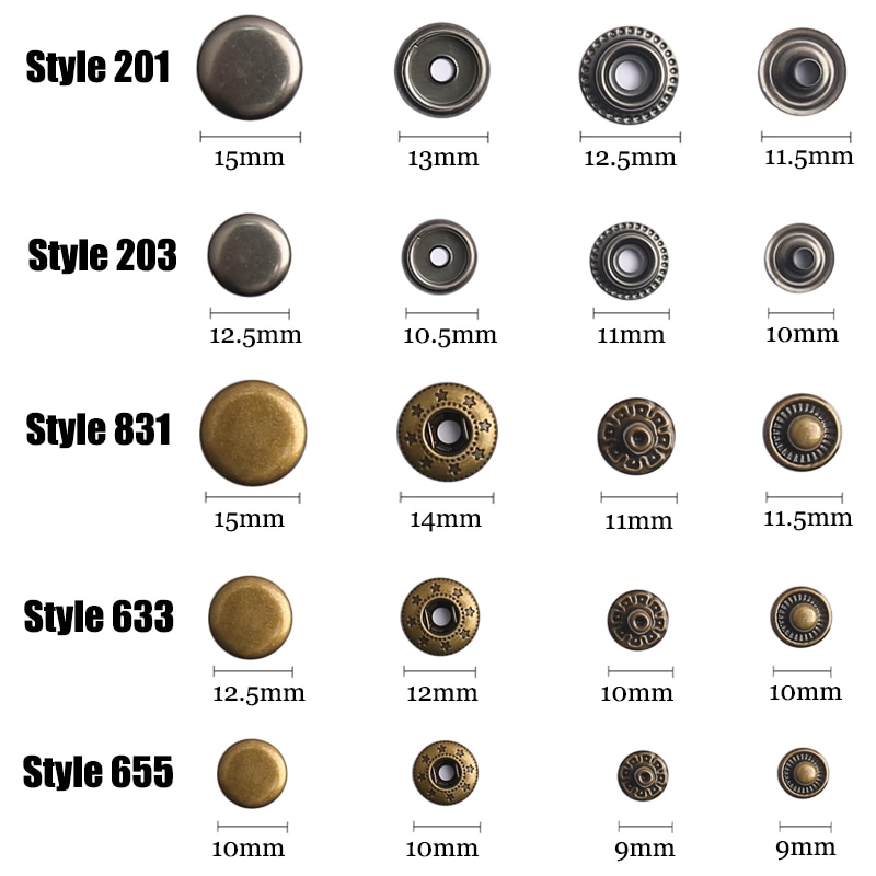 50 sets Multi-Size/Color Metal Snap Fasteners Press Studs Snaps Button 10mm  #655, 12.5mm #633, 15mm #831